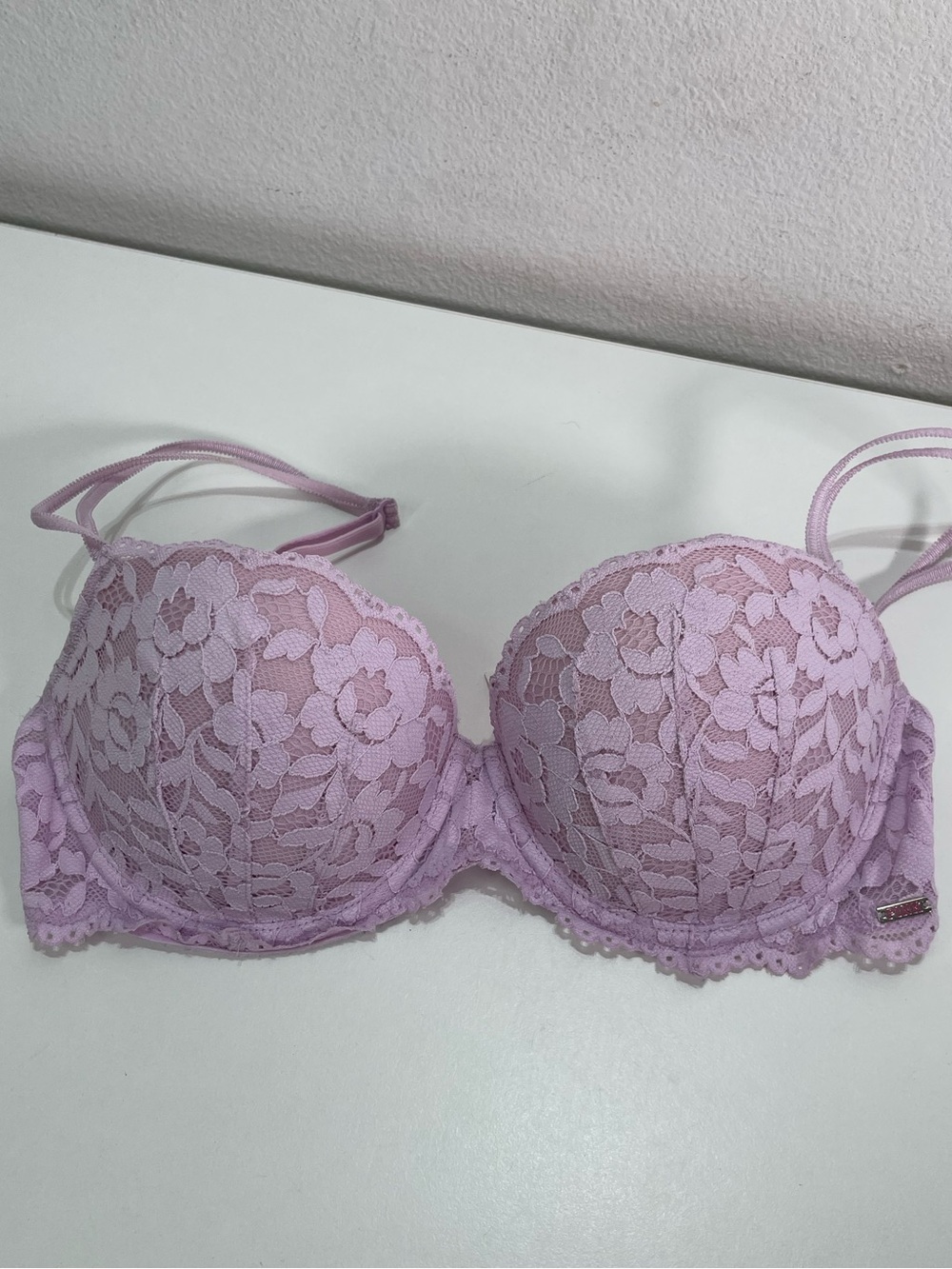 PINK Victoria's Secret Bra Date Push Up Floral Lace Padded Lilac 34 C Coquette